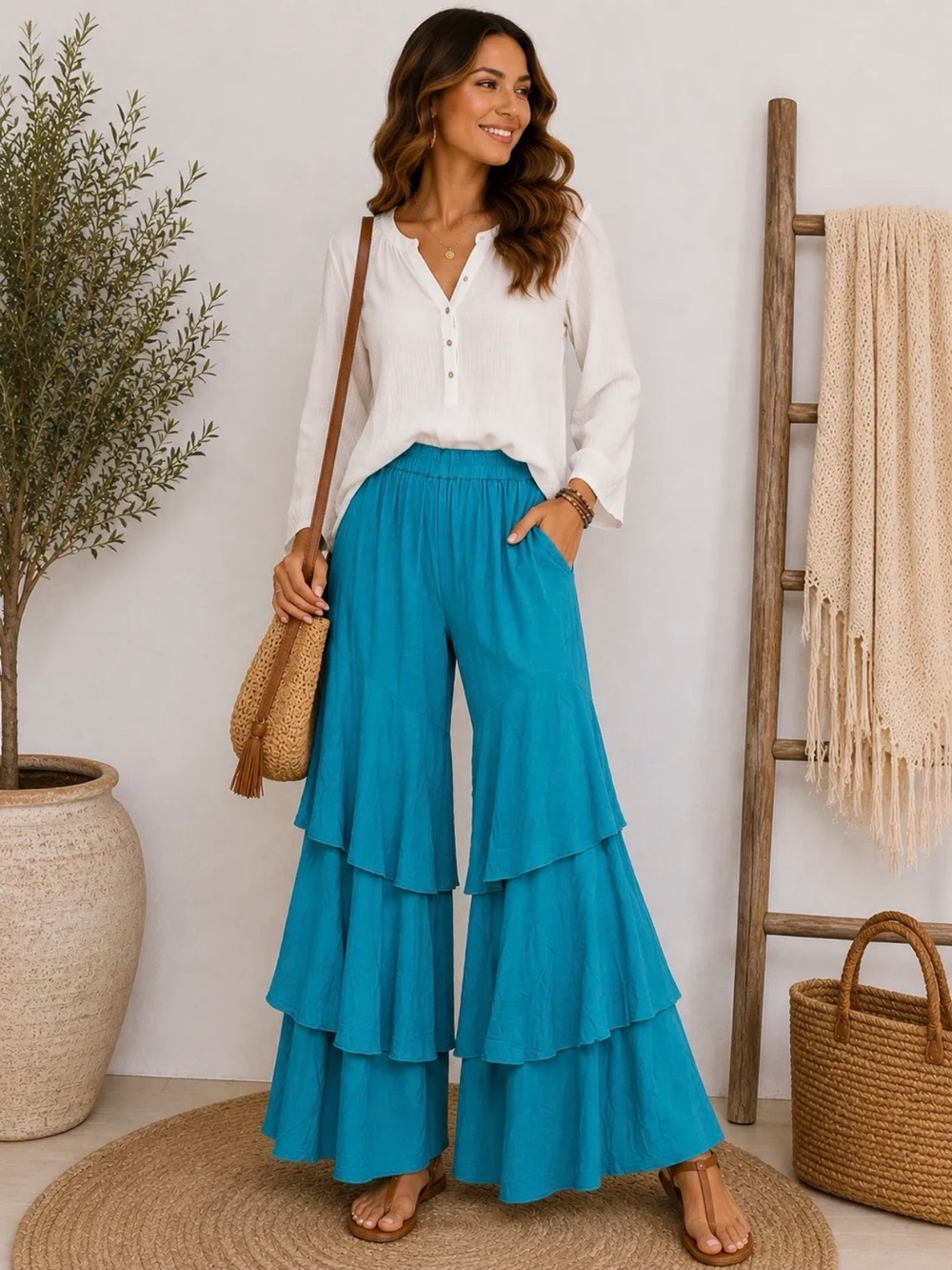 Layered Ruffle Wide-Leg Pants in Teal